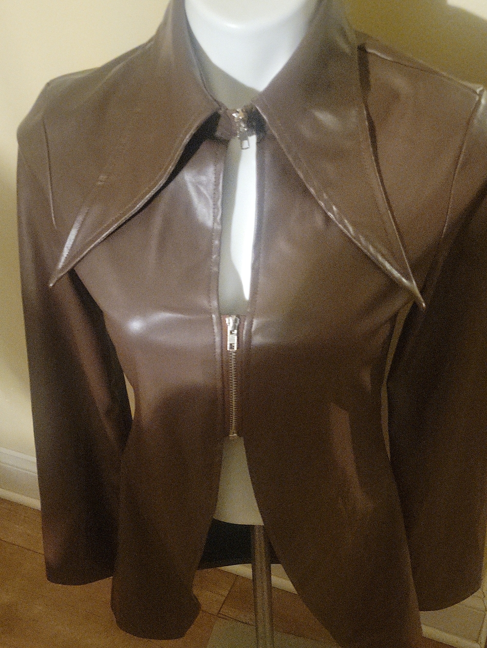 Brown Faux Leather Zip-Front Women's Jacket - Picture 2 of 7